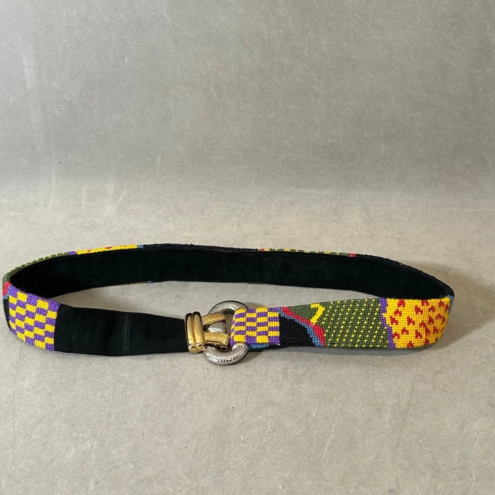 Vintage Needlepoint‎ Belt Mixed Metal Buckle Multi Color Geometric Suede Backed